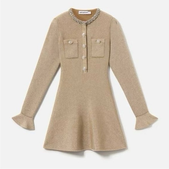 Self-Portrait NWOT GOLD CRYSTAL TRIM KNIT MINI DRESS - Picture 6 of 7